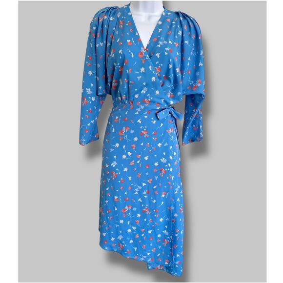 Joie Dresses & Skirts - Joie Blue Floral Wrap Dress Size XS Long Sleeve V-Neck Midi Dress Asymmetric Hem